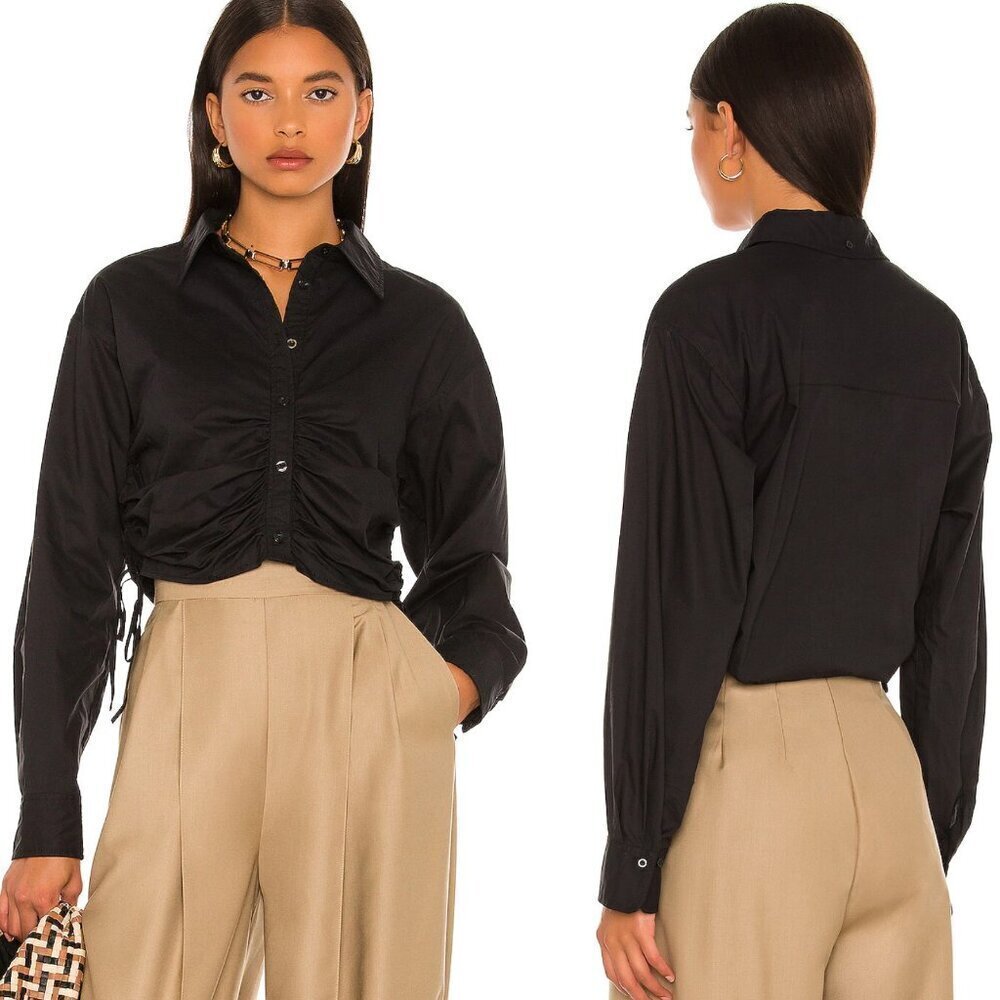 L'Academie The Lena Blouse Black Ruched Drawstring Crop Button Down Shirt 4068